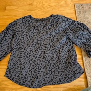 DownEast Blue Floral Split-Neck Blouse